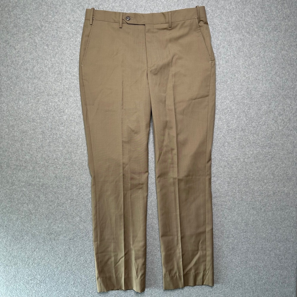 Berle Mens 100% Worsted Wool Dress Pants Tan Khaki Flat Front Trousers Sz 35 NEW